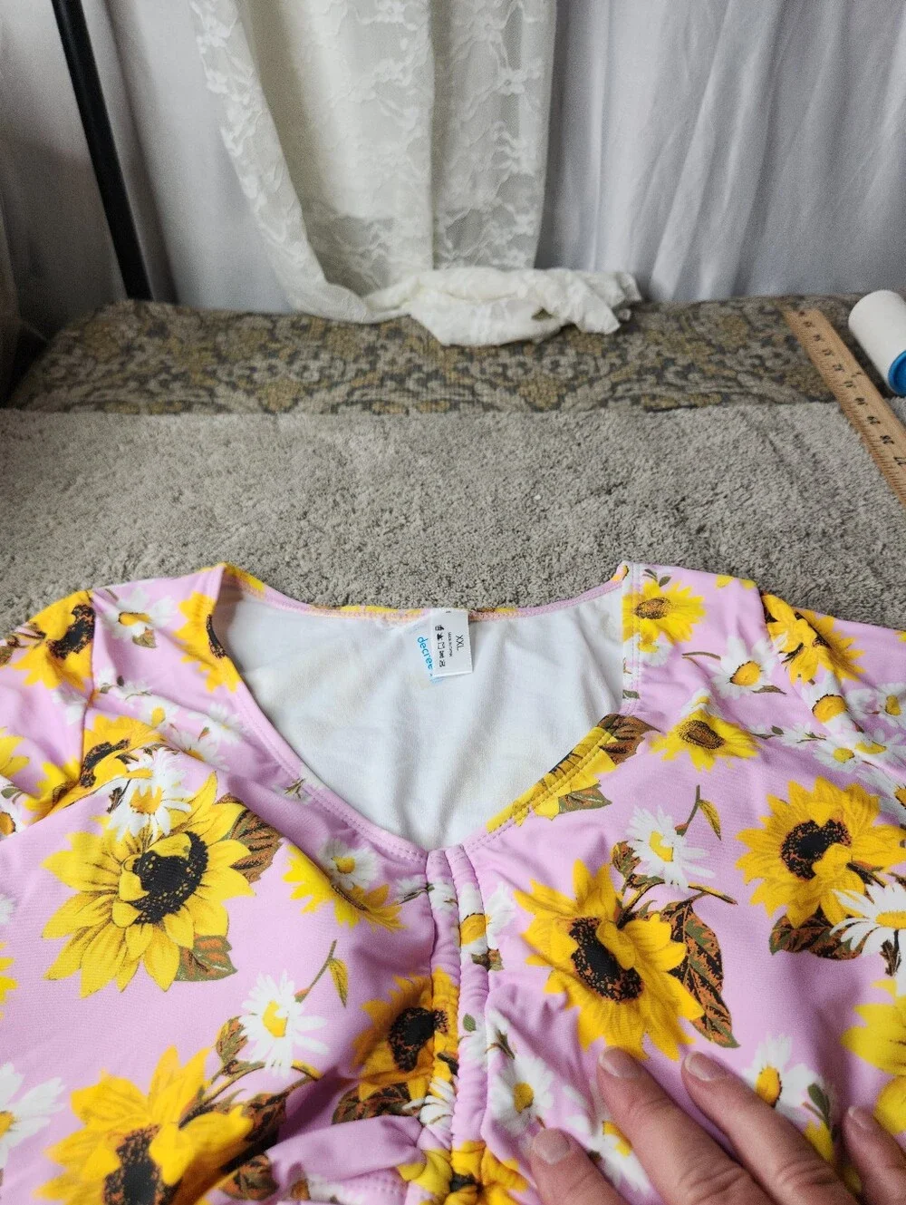 Women's Pink Sunflower Swim Top With Side Ties - Decree - XXL